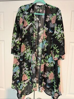 torrid Black Sheer Floral Kimono with Pink and Green Print